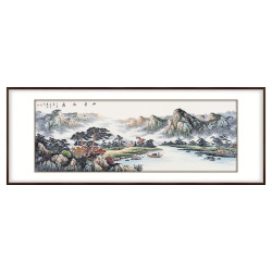 弘舍 新中式客厅装饰画山水画沙发背景墙挂画字画办公室壁画国画字画 山青水秀 雅致胡桃 成品尺寸: 宽240*高90cm