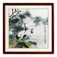尚得堂 墨翁《松鹤祥瑞》65x65cm 宣纸 圆角棕色实木框