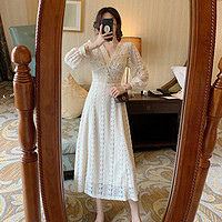 复古茶歇连衣裙高端设计感法式温柔风碎花长裙提花蕾丝裙女长袖 XL 米白色