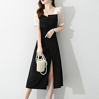 拉夏贝尔旗下21年夏季新款气质收腰方领高腰拼接开叉连衣裙 XL 黑色