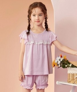 女童睡衣夏季薄款儿童家居服短袖空调服套装 140 紫色