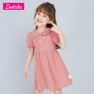 笛莎（DEESHA）女童连衣裙2021夏季洋气时尚甜美连衣裙小女孩格纹棉布裙子 红格子 110cm