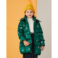 安奈儿童装女童冬季新款连帽防风立领长款羽绒服 绿蓝花 120cm