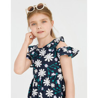 安奈儿童装女童夏款连衣裙2021新款可爱小心机袖印花淑女裙 蓝白花 140cm