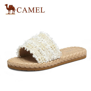 CAMEL 骆驼 A122266272  女士珍珠装饰一字草编平底露趾拖鞋