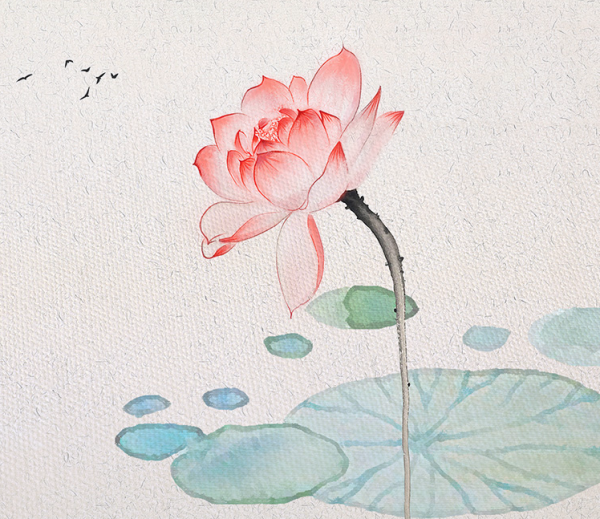 海龙红 《风起红莲》60x43cm 禅意水彩荷花 日式餐厅装饰画