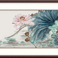 弘舍 王君永 植物花卉装饰画《荷塘春色》成品尺寸210x70cm 宣纸 雅致胡桃