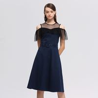 春夏波点腰带牛仔连衣裙收腰显瘦 L 深蓝