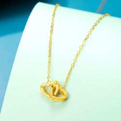 老庙黄金18k玫瑰金甜蜜双心环爱心表白礼项链女