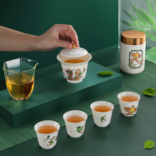 万事皆安国潮盖碗个人杯羊脂玉描金白瓷高档整套功夫茶具 盖碗茶具礼装