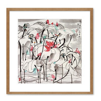 荣宝斋 吴冠中 荷花 65*64cm 金丝柚榫卯实木框