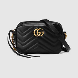 GUCCI 古驰 GG Marmont系列绗缝迷你手袋 女士金色标志皮革单肩斜跨包相机包