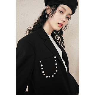 太平鸟珍珠西装外套女2020秋装黑色宽松气质炸街西服设计感小众（L、黑色）
