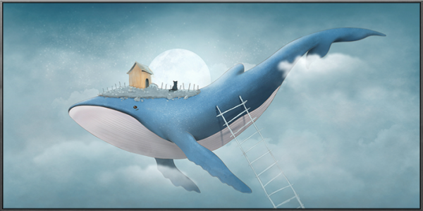 海龙红蓝色鲸鱼横版书房装饰画向海a款90x50cm油画布黑色外框