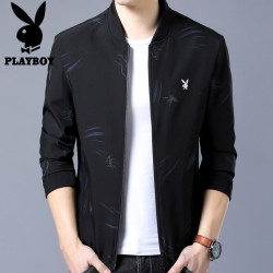 PLAYBOY 花花公子 夹克男外套2021秋季韩版休闲外套男士立领夹克衫时尚潮牌棒球服 黑蓝 XL