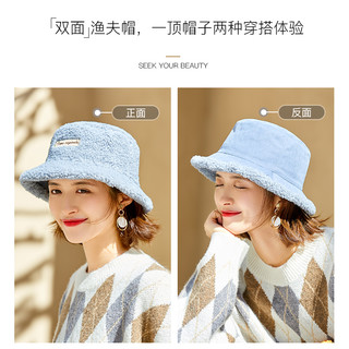 Siggi 帽子女秋冬仿羊羔绒双面渔夫帽百搭潮大头围盆帽两件套围巾（M 57CM（常规头围 推荐购买）、静谧黑（双面戴））