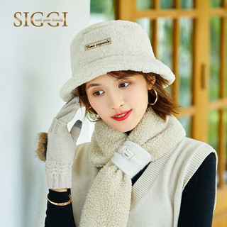 Siggi 帽子女秋冬仿羊羔绒双面渔夫帽百搭潮大头围盆帽两件套围巾（M 57CM（常规头围 推荐购买）、静谧黑（双面戴））