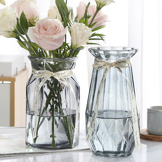 北欧玻璃花瓶透明水养富贵竹百合客厅干鲜花插花瓶摆件（大、（十二棱+竖菱）烟灰色）