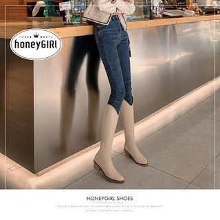 honeyGIRL骑士靴女长靴2020新款尖头粗跟牛仔靴白色靴子长筒显瘦（35、单里黑色）