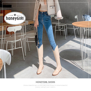 honeyGIRL骑士靴女长靴2020新款尖头粗跟牛仔靴白色靴子长筒显瘦（40、单里米白色）
