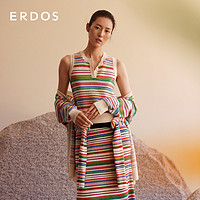 ERDOS 21早春新品刘雯同款V领彩色条纹女中长款针织开衫羊毛衫（170/92A/XL、白色）