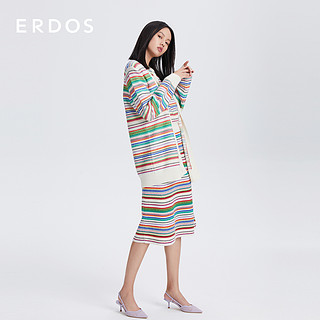 ERDOS 21早春新品刘雯同款V领彩色条纹女中长款针织开衫羊毛衫（170/92A/XL、白色）