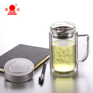 富光双层玻璃杯大容量带手柄办公杯520ml透明带盖有滤网杯子茶杯（570ml带滤网墨兰盖G1613款）