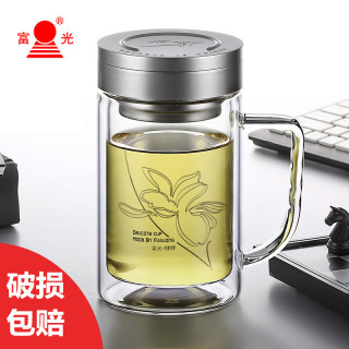 富光双层玻璃杯大容量带手柄办公杯520ml透明带盖有滤网杯子茶杯（570ml带滤网墨兰盖G1613款）