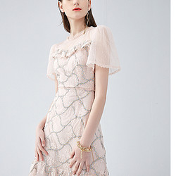cocoon 洋气格裙子2021夏装新款粉色格子网纱拼接修身中长连衣裙