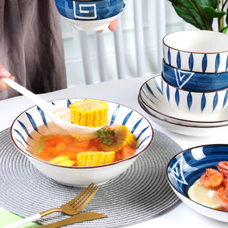 景德镇日式碗碟套装陶瓷餐具陶瓷碗釉下彩碗碟套装手绘碗斗笠面碗（千叶草 4碗4盘4勺4筷2面碗）