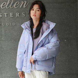 冰洁 BENGEN亮面紫色羽绒服女短款2020年新款冬廓形免洗抽绳轻薄女士外套（165、黑色）