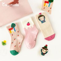 卡拉美拉 Caramella春秋女童宝宝袜子水果中长筒纯棉宝宝袜子婴儿袜子(S码(建议脚长12-16cm)(收藏加购 优先发货)、564823帽子长颈鹿中筒三双装童袜)