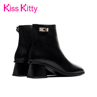 Kiss Kitty2020冬季新款奶油色简约短靴粗跟皮靴短筒女靴显瘦裸靴（36、黑色牛皮革（皮里））