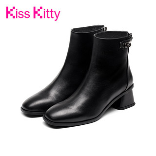 Kiss Kitty2020冬季新款奶油色简约短靴粗跟皮靴短筒女靴显瘦裸靴（38、米白色牛皮革（绒里））
