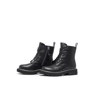 索菲娅2020冬季新款女靴英伦风马丁靴休闲绒里纯色短靴SF04118223（37、10黑色(绒里)）