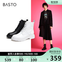 百思图2020冬商场新款英伦风加绒马丁靴百搭白色皮短靴女CD101DD0(38、黑色)