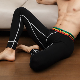 SEOBEAN/希宾男士纯棉秋裤保暖弹力纯色时尚打底 单件紧身运动U凸（XL、短横条-深蓝）
