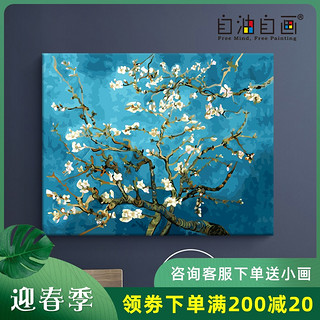 自油自画 数字油画diy 成人手工填色涂色手绘填充油彩画 梵高杏花（40*50 绷好实木内框整套、落英缤纷、实木笔杆画笔+高亮环保颜料+油画布）