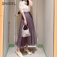 SNIDEL2021春夏新品仙女甜美糖果色透视百褶雪纺伞裙SWFS211017（1、深灰色）