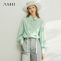 Amii极简设计感小众泡泡袖衬衫女2021春夏新款长袖衬衣薄荷绿上衣(155/80A/S、樱花粉)