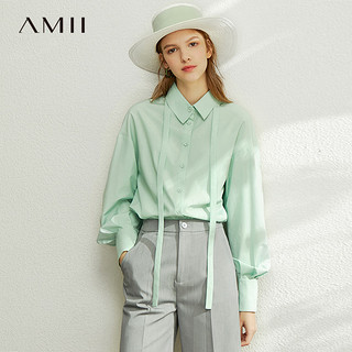 Amii极简设计感小众泡泡袖衬衫女2021春夏新款长袖衬衣薄荷绿上衣（155/80A/S、荔枝白）