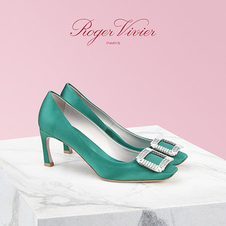 Roger Vivier2021春夏新品女鞋Trompette钻扣缎面高跟鞋方头单鞋（37.5、绿色）