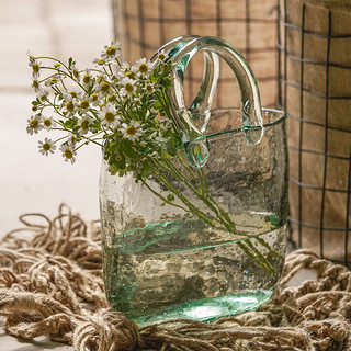 鸟与花家 网红包包花瓶摆件透明插花ins风客厅手提包玻璃花瓶水养（粉色提桶小号）