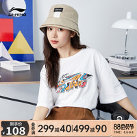 李宁 LI-NING 短袖女2021夏季新款情侣装半袖休闲印花t恤男士大码运动上衣 杏仁白 L