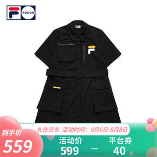 FILA FUSION 斐乐女子梭织连衣裙2021春夏新款ins潮工装风收腰裙 深黑-BK（建议拍小一码)-T11W123301A 175/92A/XL