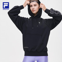 FILA ATHLETICS斐乐官方连帽卫衣女子长袖宽松套头衫秋冬运动休闲时尚针织弹力字母印花女装 深黑-BK 175/92A/XL
