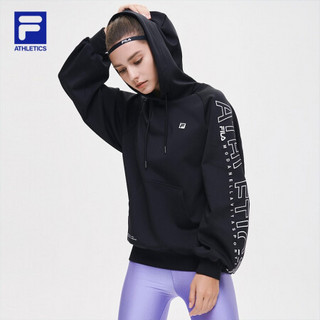 FILA ATHLETICS斐乐官方连帽卫衣女子长袖宽松套头衫秋冬运动休闲时尚针织弹力字母印花女装 深黑-BK 175/92A/XL