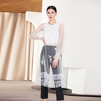 春秋刺绣中长网纱罩裙仙女连衣裙 M 米白