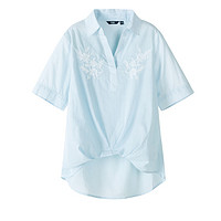 Semir 森马 短袖衬衫女设计感小众2019夏季新款V领刺绣纯棉条纹气质衬衣