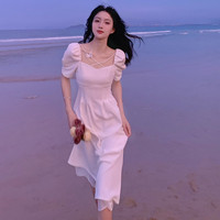 千凡妮 2021夏季新款法式温柔风超仙森系初恋裙子仙女裙泡泡袖白色连衣裙 白色连衣裙 S
